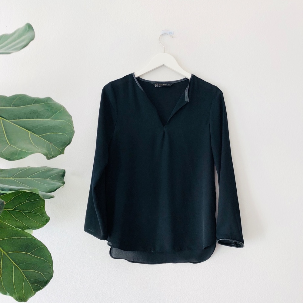 Zara blouse with v-neck leather trim detailing